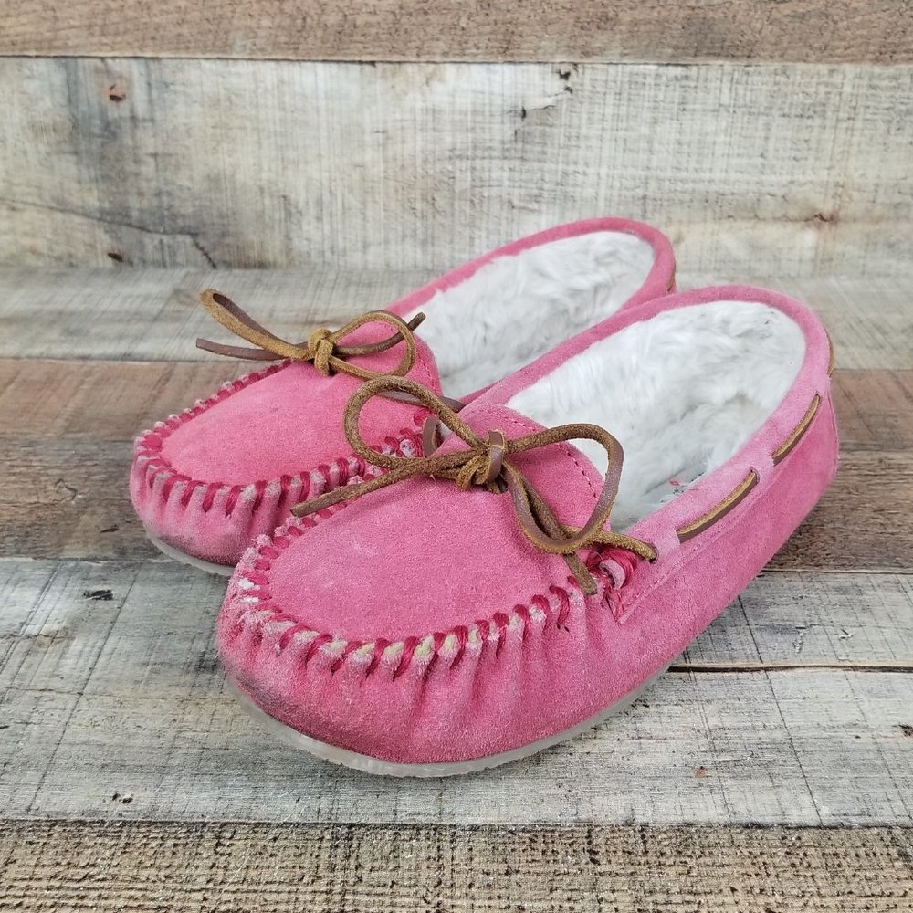 Minnetonka Pink Faux Fur Women Sz 8 Lined Suede Flats Moccasin Slippers Shoes - Picture 3 of 9